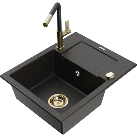 Mexen Enzo granite kitchen sink 1-bowl with drainer and Flora kitchen faucet, black/gold metallic - 6506-75-670401-57-G
