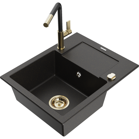Mexen Enzo granite kitchen sink 1-bowl with drainer and Flora kitchen tap, black/gold metallic - 6506-75-670401-57-G