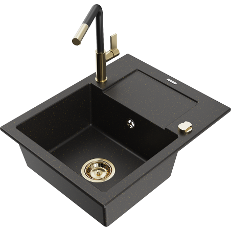 Mexen Enzo granite single-bowl sink with drainer and Flora kitchen faucet, black/gold metallic - 6506-75-670401-57-G