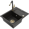Mexen Enzo 1-compartment granite sink with a drip tray and kitchen mixer tap Flora, Black/Gold metallic - 6506-75-670401-57-G