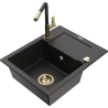 Mexen Enzo granite kitchen sink 1-bowl with drainer and Flora kitchen faucet, black/gold metallic - 6506-75-670401-57-G