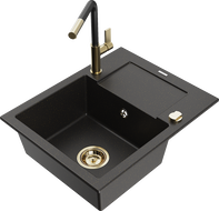 Mexen Enzo granite single-bowl sink with drainer and Flora kitchen faucet, black/gold metallic - 6506-75-670401-57-G