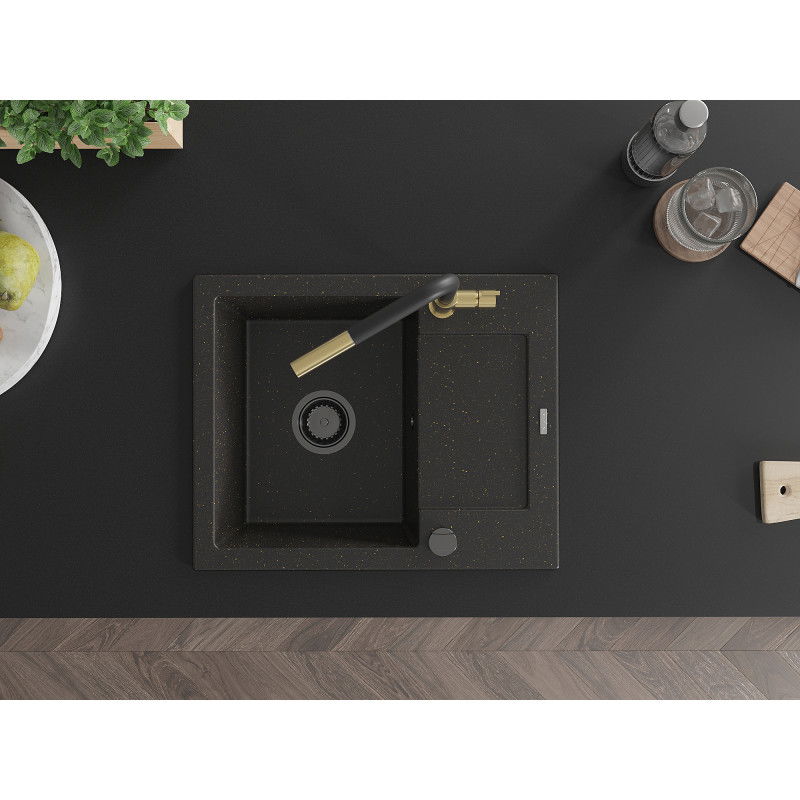 Mexen Enzo granite sink 1-bowl with drainer and Flora kitchen tap, black/gold metallic - 6506-75-670401-57-B