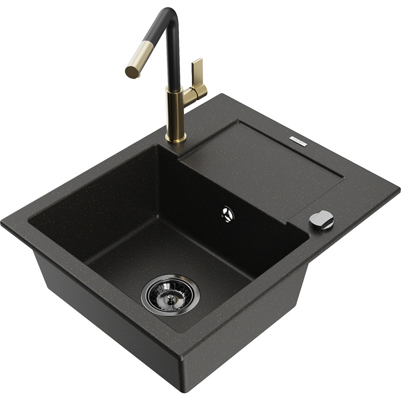 Mexen Enzo granite kitchen sink 1-bowl with drainer and Flora kitchen faucet, black/gold metallic - 6506-75-670401-57-B