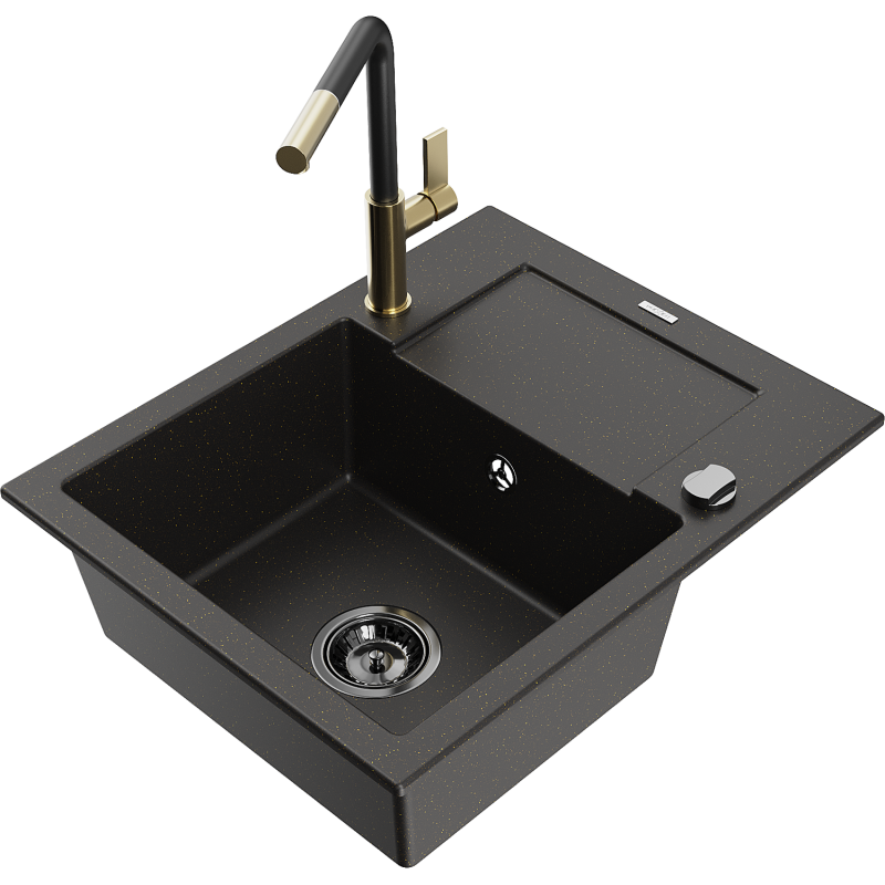 Mexen Enzo granite sink 1-bowl with drainer and Flora kitchen tap, black/gold metallic - 6506-75-670401-57-B