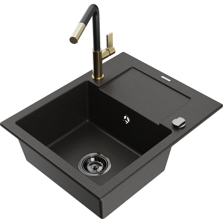Mexen Enzo 1-compartment granite sink with a drip tray and kitchen mixer tap Flora, Black/Gold metallic - 6506-75-670401-57-B
