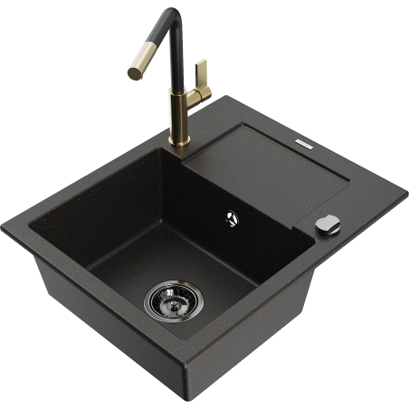 Mexen Enzo granite sink 1-bowl with drainer and Flora kitchen tap, black/gold metallic - 6506-75-670401-57-B