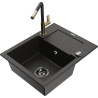 Mexen Enzo granite kitchen sink 1-bowl with drainer and Flora kitchen faucet, black/gold metallic - 6506-75-670401-57-B