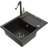 Mexen Enzo granite kitchen sink 1-bowl with drainer and kitchen faucet Flora, black/gold metallic - 6506-75-670401-57-B