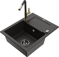 Mexen Enzo granite kitchen sink 1-bowl with drainer and Flora kitchen faucet, black/gold metallic - 6506-75-670401-57-B