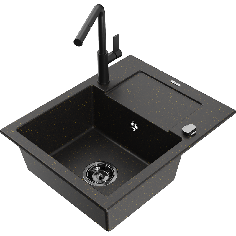 Mexen Enzo 1-bowl granite sink with drainer and Flora kitchen tap, black/golden metallic - 6506-75-670401-70-B