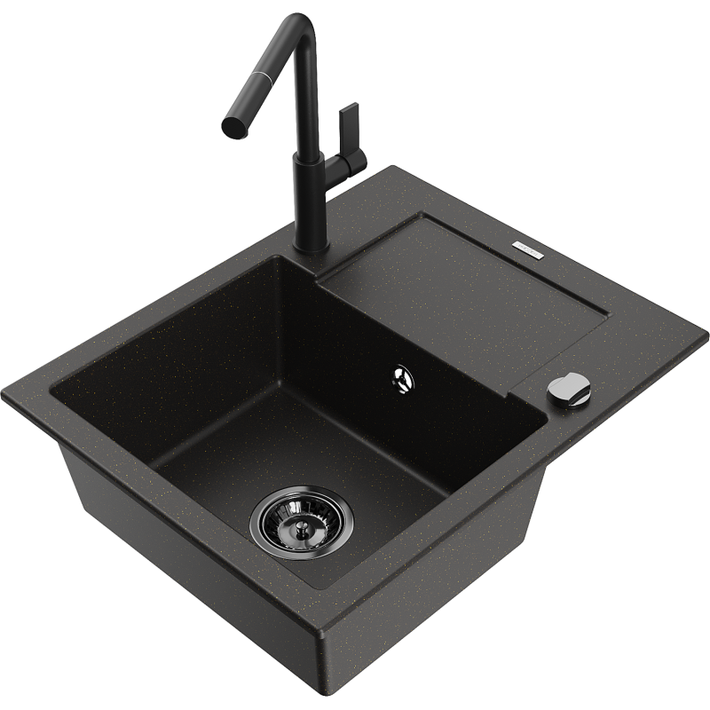 Mexen Enzo 1-compartment granite sink with a drip tray and kitchen mixer tap Flora, Black/Gold metallic - 6506-75-670401-70-B