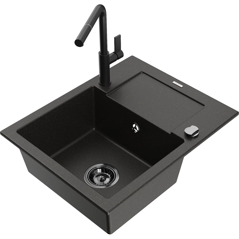 Mexen Enzo granite sink 1-bowl with drainer and Flora kitchen faucet, black/gold metallic - 6506-75-670401-70-B