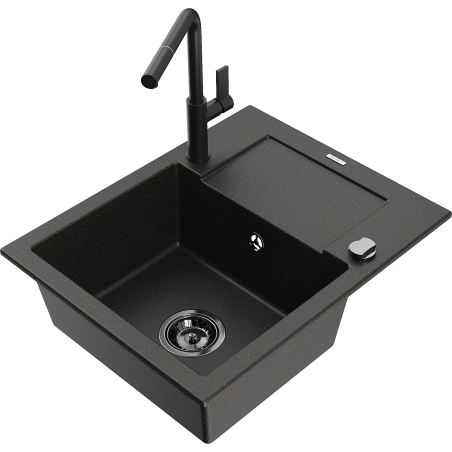 Mexen Enzo 1-bowl granite sink with drainer and Flora kitchen tap, black/golden metallic - 6506-75-670401-70-B
