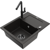 Mexen Enzo 1-bowl granite sink with drainer and Flora kitchen tap, black/golden metallic - 6506-75-670401-70-B