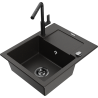 Mexen Enzo granite kitchen sink 1-bowl with drainer and Flora kitchen faucet, black/gold metallic - 6506-75-670401-70-B