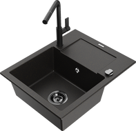 Mexen Enzo granite kitchen sink 1-bowl with drainer and Flora kitchen faucet, black/gold metallic - 6506-75-670401-70-B