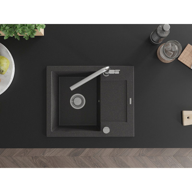 Mexen Enzo 1-bowl granite sink with drainer and kitchen faucet Flora, speckled black - 6506-76-670401-00