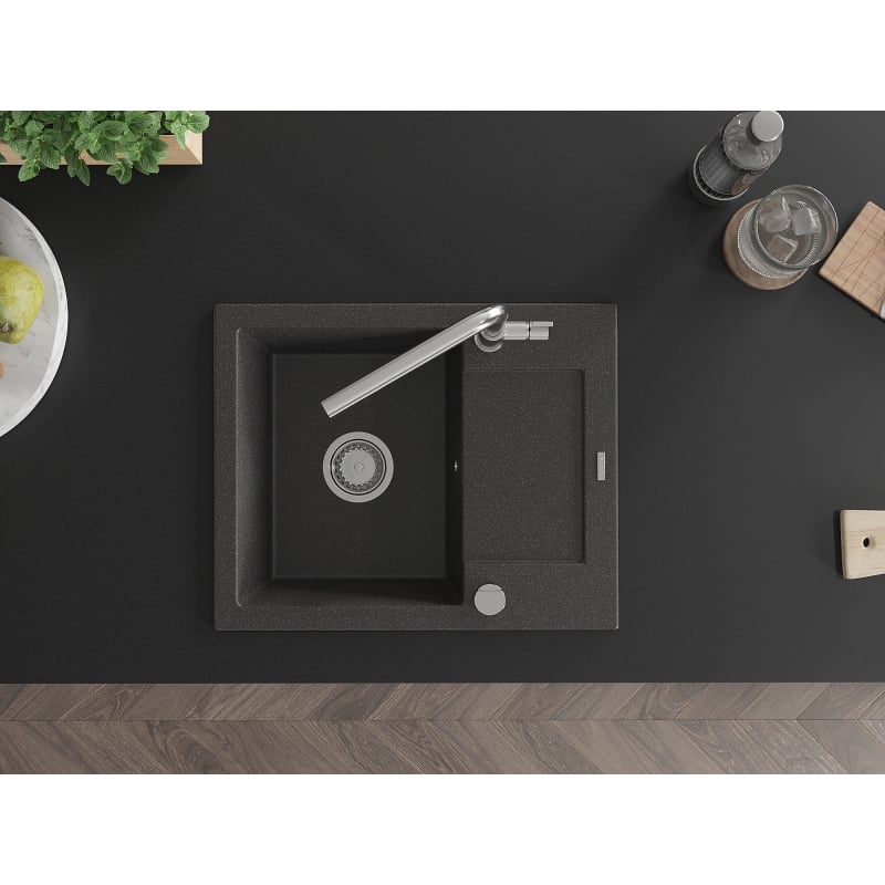 Mexen Enzo granite kitchen sink 1-compartment with drainer and kitchen faucet Flora, speckled black - 6506-76-670401-00