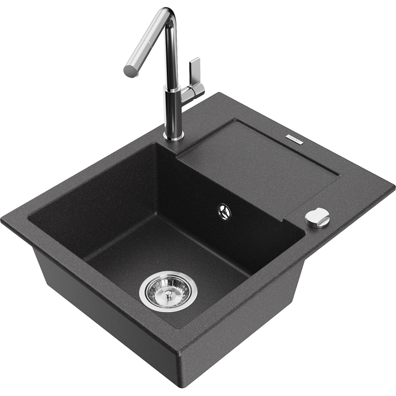 Mexen Enzo 1-compartment granite sink with a drip tray and kitchen mixer tap Flora, spotted black - 6506-76-670401-00