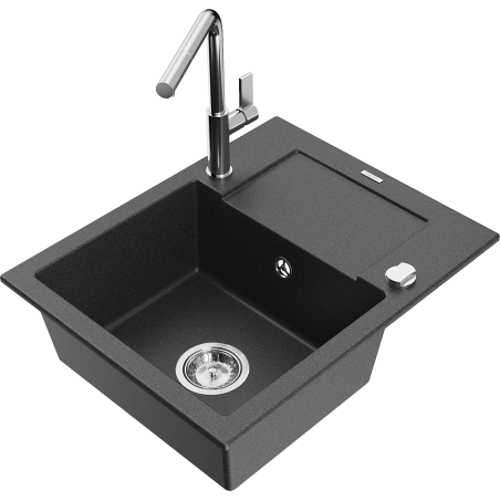 Mexen Enzo 1-compartment granite sink with a drip tray and kitchen mixer tap Flora, spotted black - 6506-76-670401-00