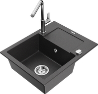 Mexen Enzo 1-compartment granite sink with a drip tray and kitchen mixer tap Flora, spotted black - 6506-76-670401-00