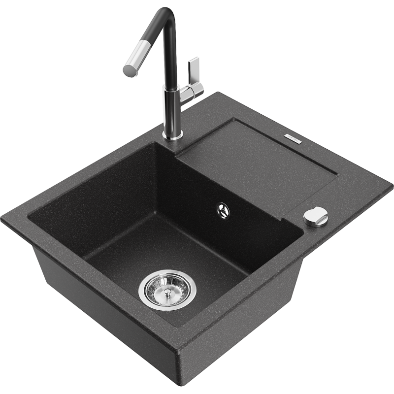 Mexen Enzo 1-compartment granite sink with a drip tray and kitchen mixer tap Flora, spotted black - 6506-76-670401-07