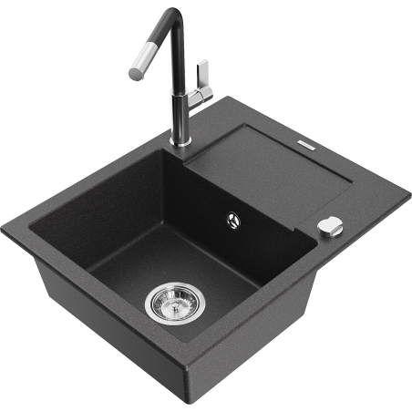 Mexen Enzo granite kitchen sink 1-bowl with drainer and Flora kitchen faucet, speckled black - 6506-76-670401-07