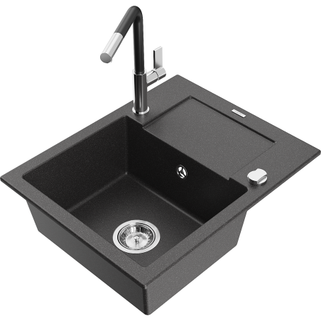 Mexen Enzo granite sink 1-bowl with drainer and kitchen faucet Flora, speckled black - 6506-76-670401-07