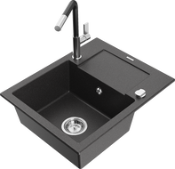 Mexen Enzo granite kitchen sink 1-bowl with drainer and Flora kitchen faucet, speckled black - 6506-76-670401-07