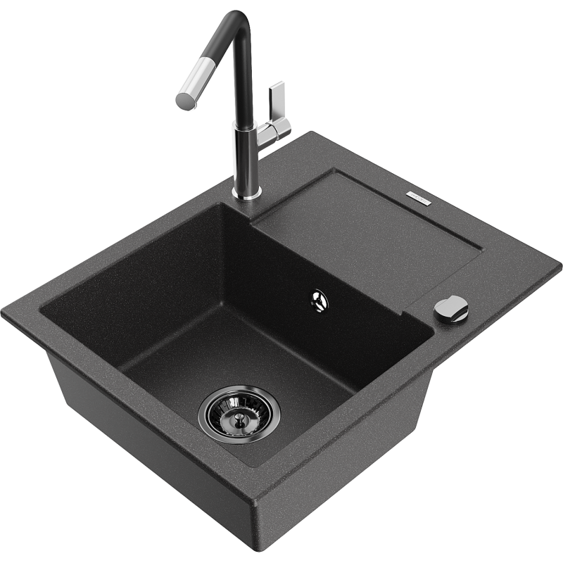 Mexen Enzo 1-compartment granite sink with a drip tray and kitchen mixer tap Flora, spotted black - 6506-76-670401-07-B