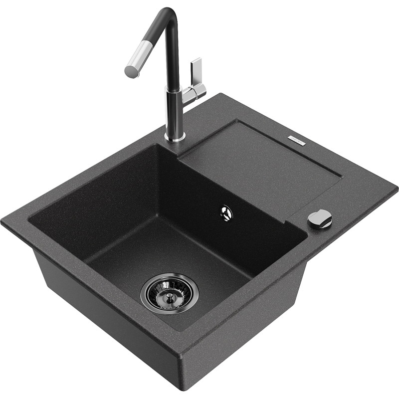 Mexen Enzo granite sink 1-bowl with drainer and Flora kitchen faucet, speckled black - 6506-76-670401-07-B