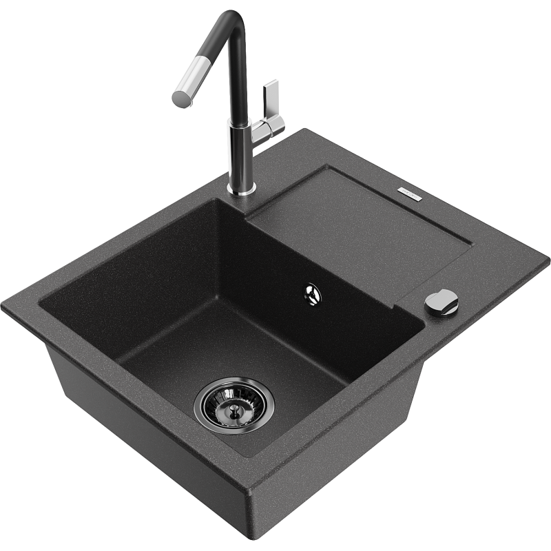 Mexen Enzo granite sink, 1-bowl with drainer and Flora kitchen tap, speckled black - 6506-76-670401-07-B