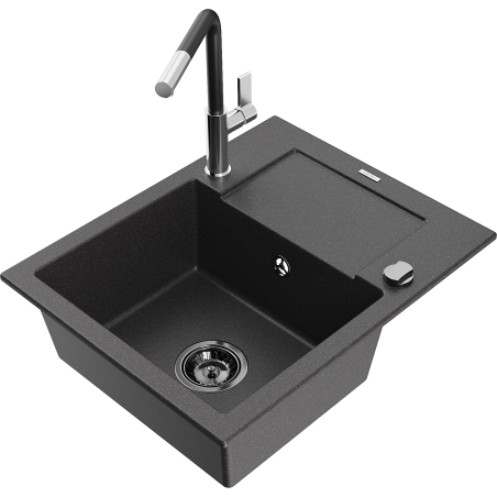 Mexen Enzo granite kitchen sink with 1 bowl, drainer, and Flora faucet, speckled black - 6506-76-670401-07-B