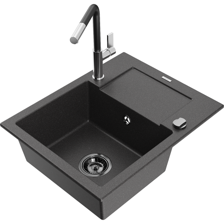 Mexen Enzo granite sink, 1-bowl with drainer and Flora kitchen tap, speckled black - 6506-76-670401-07-B