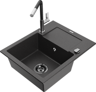 Mexen Enzo granite kitchen sink with 1 bowl, drainer, and Flora faucet, speckled black - 6506-76-670401-07-B
