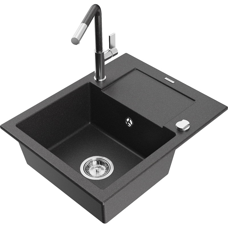 Mexen Enzo 1-bowl granite sink with drainer and Flora kitchen faucet, black speckled - 6506-76-670401-08