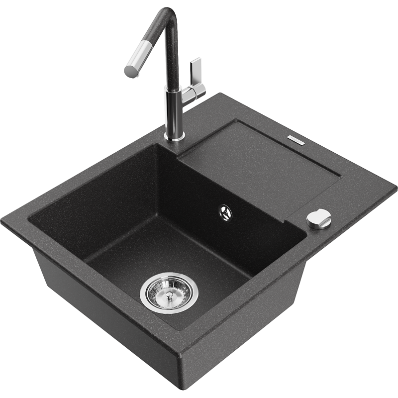 Mexen Enzo 1-compartment granite sink with a drip tray and kitchen mixer tap Flora, spotted black - 6506-76-670401-08
