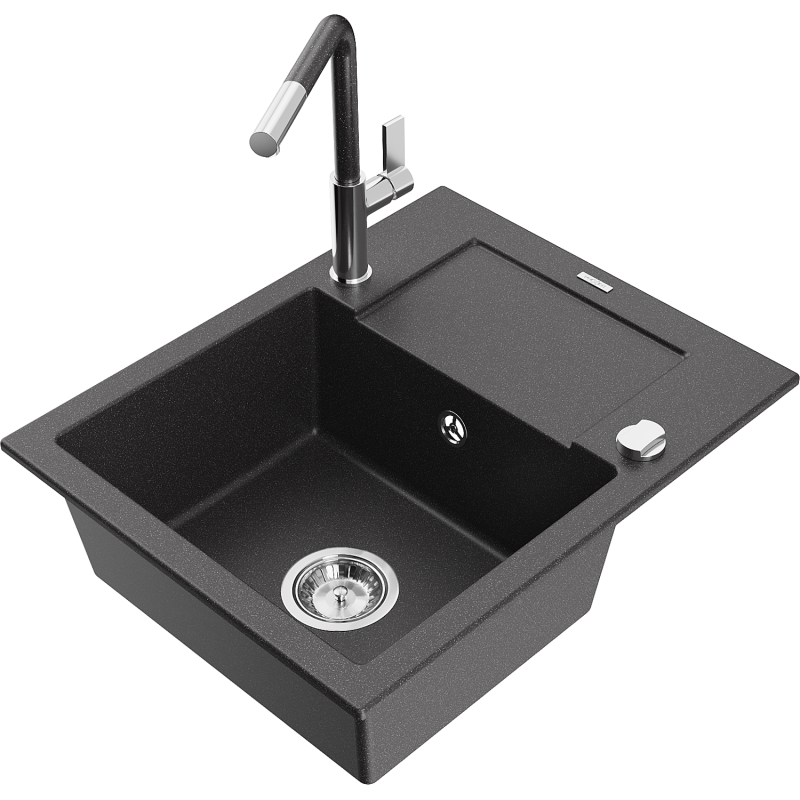 Mexen Enzo granite sink 1-bowl with drainer and Flora kitchen tap, speckled black - 6506-76-670401-08