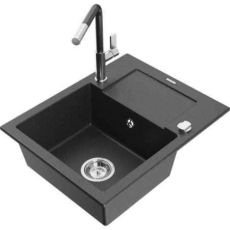Mexen Enzo 1-bowl granite sink with drainer and Flora kitchen faucet, black speckled - 6506-76-670401-08