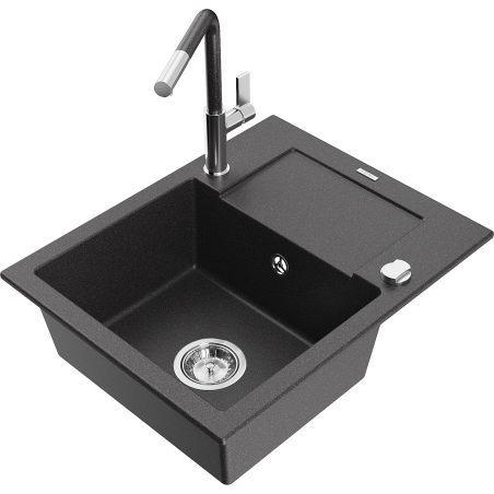 Mexen Enzo granite kitchen sink with 1 bowl, drainer, and Flora kitchen faucet, speckled black - 6506-76-670401-08