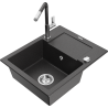 Mexen Enzo 1-bowl granite sink with drainer and Flora kitchen faucet, black speckled - 6506-76-670401-08