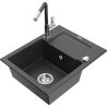 Mexen Enzo granite kitchen sink with 1 bowl, drainer, and Flora kitchen faucet, speckled black - 6506-76-670401-08
