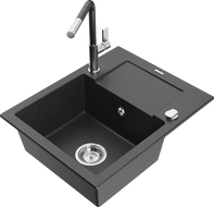 Mexen Enzo granite kitchen sink with 1 bowl, drainer, and Flora kitchen faucet, speckled black - 6506-76-670401-08