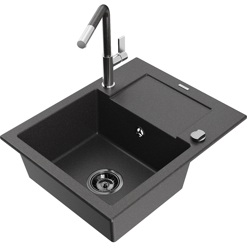 Mexen Enzo 1-Bowl Granite Sink with Drainer and Flora Kitchen Tap, Speckled Black - 6506-76-670401-08-B