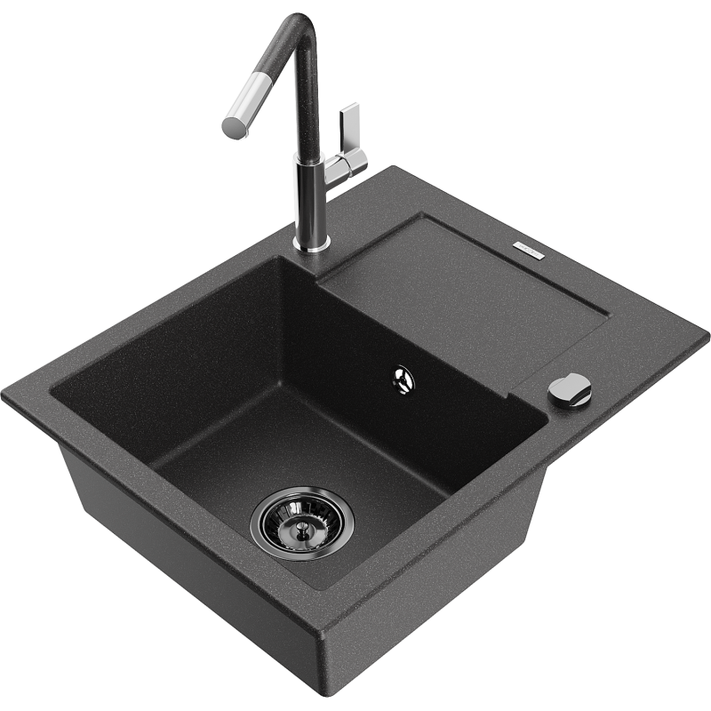 Mexen Enzo 1-compartment granite sink with a drip tray and kitchen mixer tap Flora, spotted black - 6506-76-670401-08-B