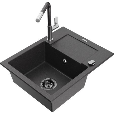 Mexen Enzo 1-Bowl Granite Sink with Drainer and Flora Kitchen Tap, Speckled Black - 6506-76-670401-08-B
