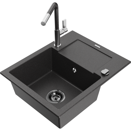 Mexen Enzo 1-compartment granite sink with a drip tray and kitchen mixer tap Flora, spotted black - 6506-76-670401-08-B
