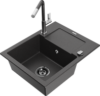 Mexen Enzo granite sink 1-bowl with drainer and kitchen faucet Flora, black speckled - 6506-76-670401-08-B