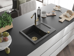 Mexen Enzo granite kitchen sink 1-bowl with drainer and Flora kitchen faucet, black speckled - 6506-76-670401-57-G